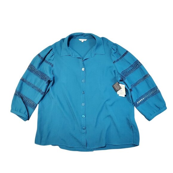 NWT John Mark Flowy Blue Panel Lace Collared Button Front Blouse - 1X - Picture 9 of 9